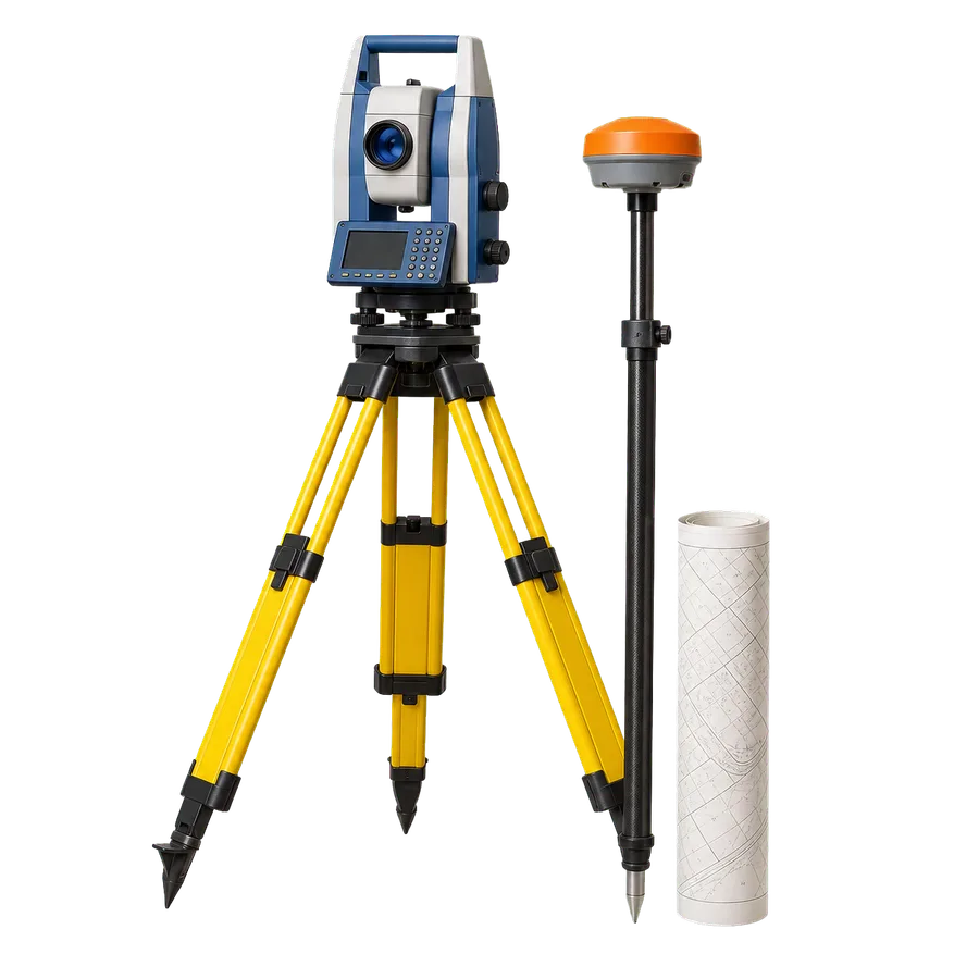 Totální stanice na stativu a GNSS aparatura jako symbol geodetické zakázky