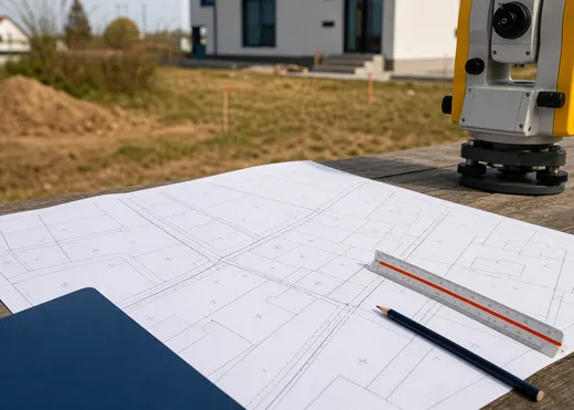 Katastrální mapa geometrického plánu na pracovním stole u totální stanice