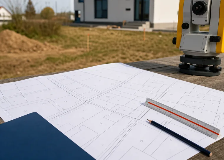 Katastrální mapa geometrického plánu na pracovním stole u totální stanice