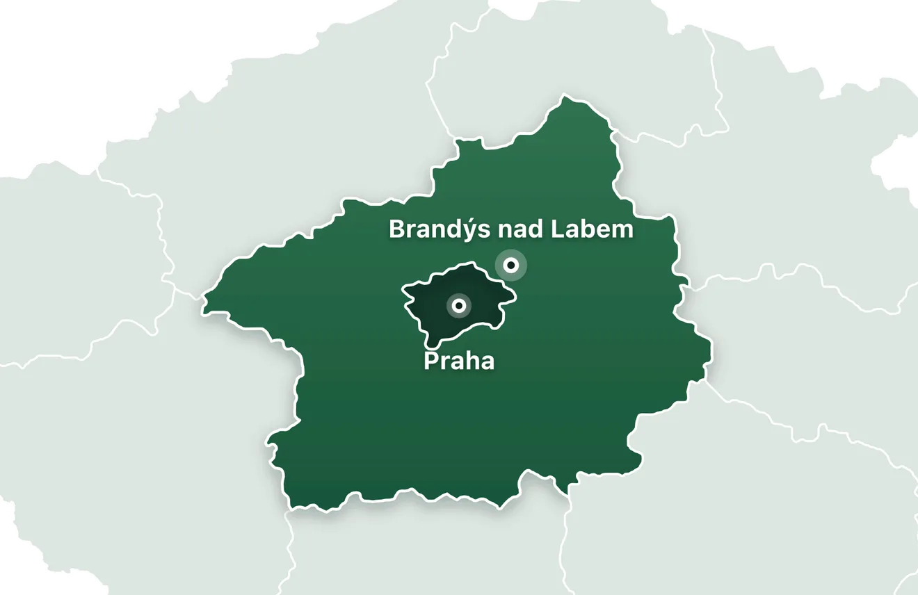 Mapa České republiky se zvýrazněným Středočeským krajem a Prahou: Brandýs nad Labem, Praha-východ a Střední Čechy