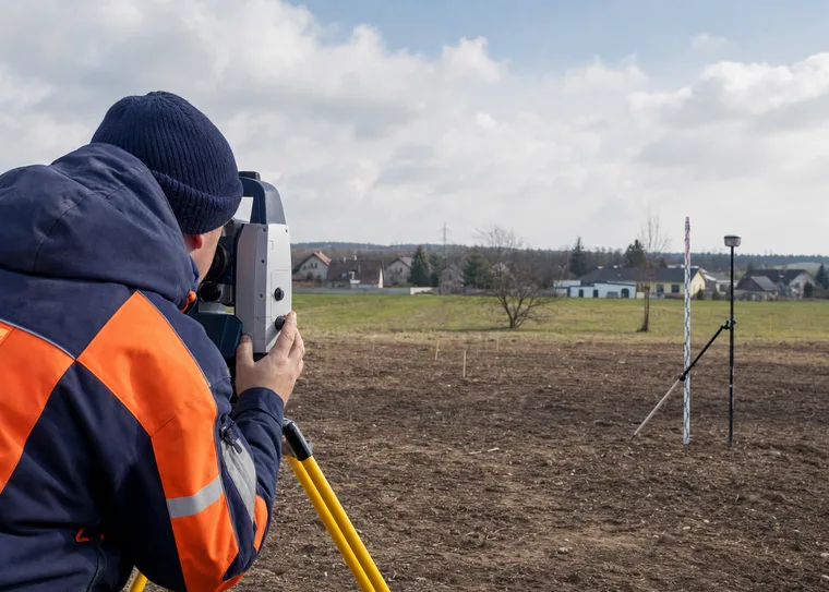 Geodet s totální stanicí zaměřuje výškopis pozemku pro projekt